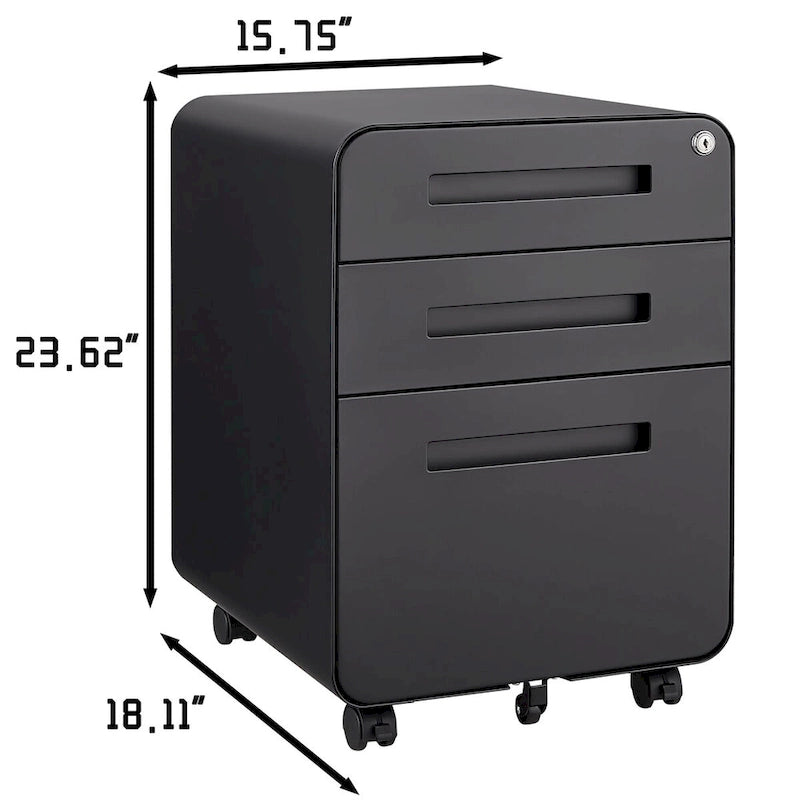 Meuble de classement roulant 3 tiroirs avec serrure, 5 roulettes, acier noir