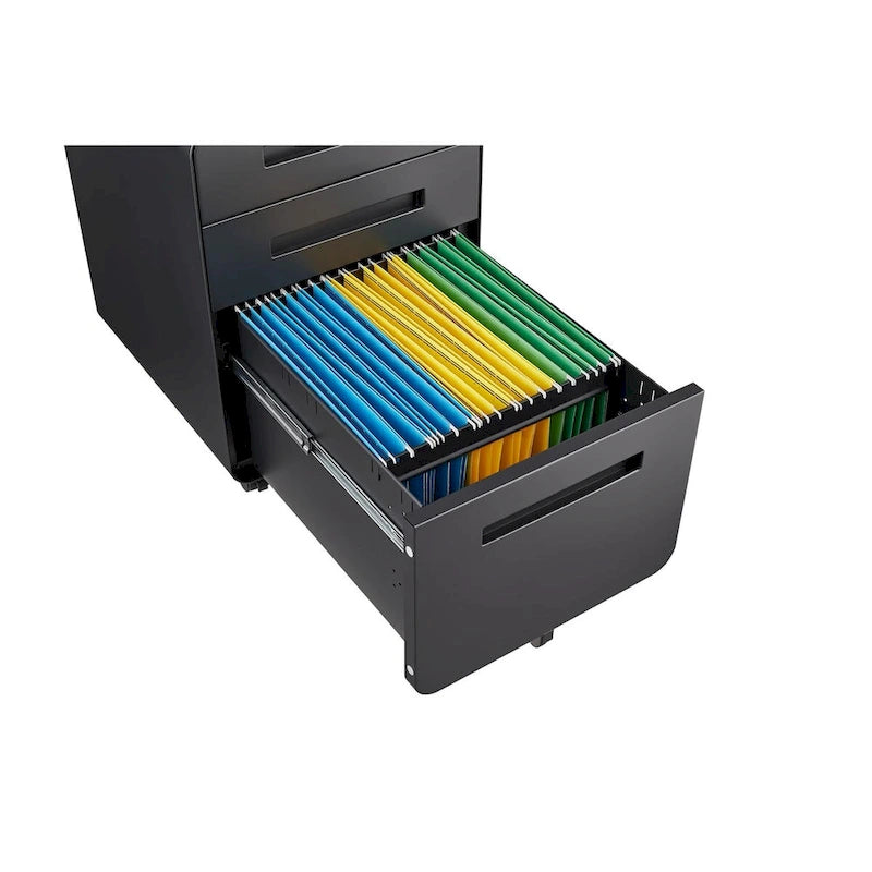 Meuble de classement roulant 3 tiroirs avec serrure, 5 roulettes, acier noir