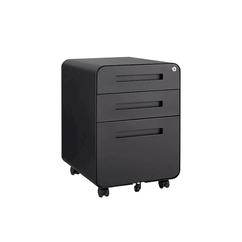 Meuble de classement roulant 3 tiroirs avec serrure, 5 roulettes, acier noir