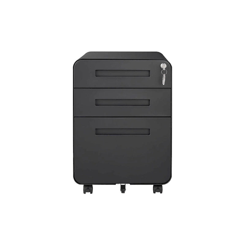 Meuble de classement roulant 3 tiroirs avec serrure, 5 roulettes, acier noir