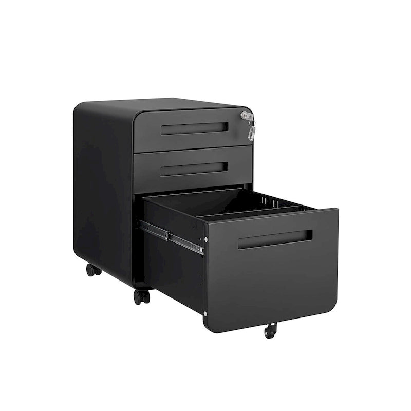 Meuble de classement roulant 3 tiroirs avec serrure, 5 roulettes, acier noir