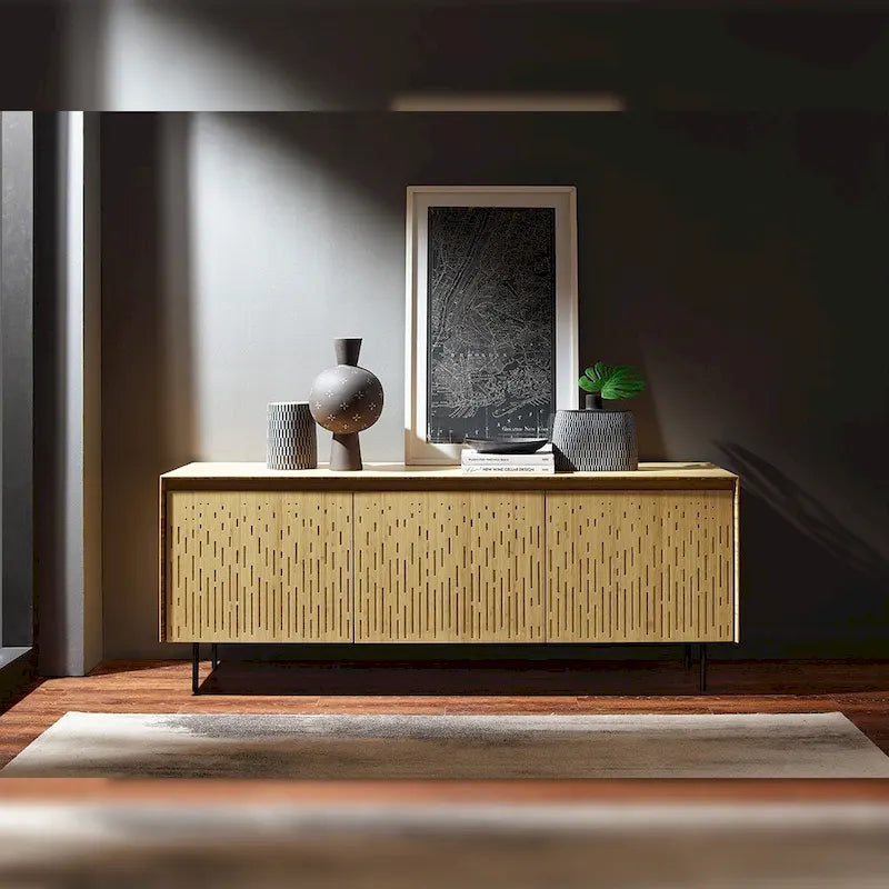 Console de rangement à 3 portes en bambou moderne avec portes découpées au laser, beige