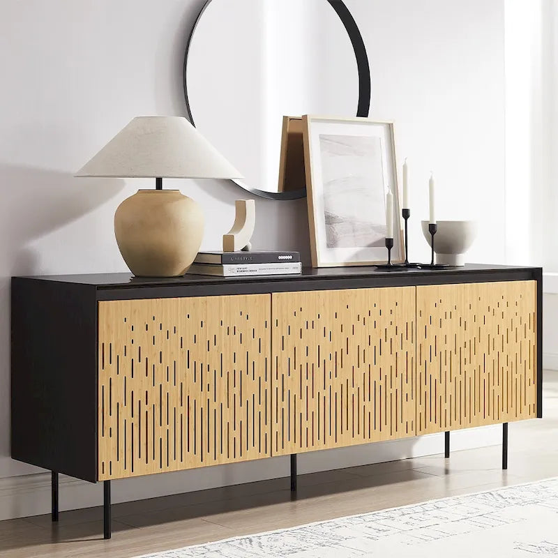 Console de rangement à 3 portes en bambou moderne avec portes découpées au laser, beige