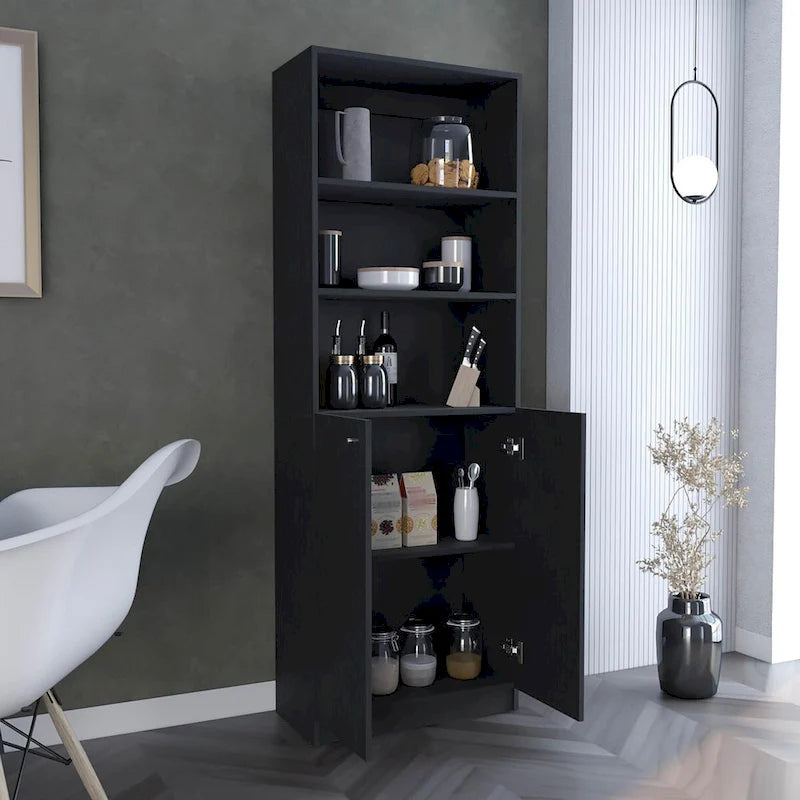 Bibliothèque haute noire avec meuble bas à 2 portes et étagères ouvertes