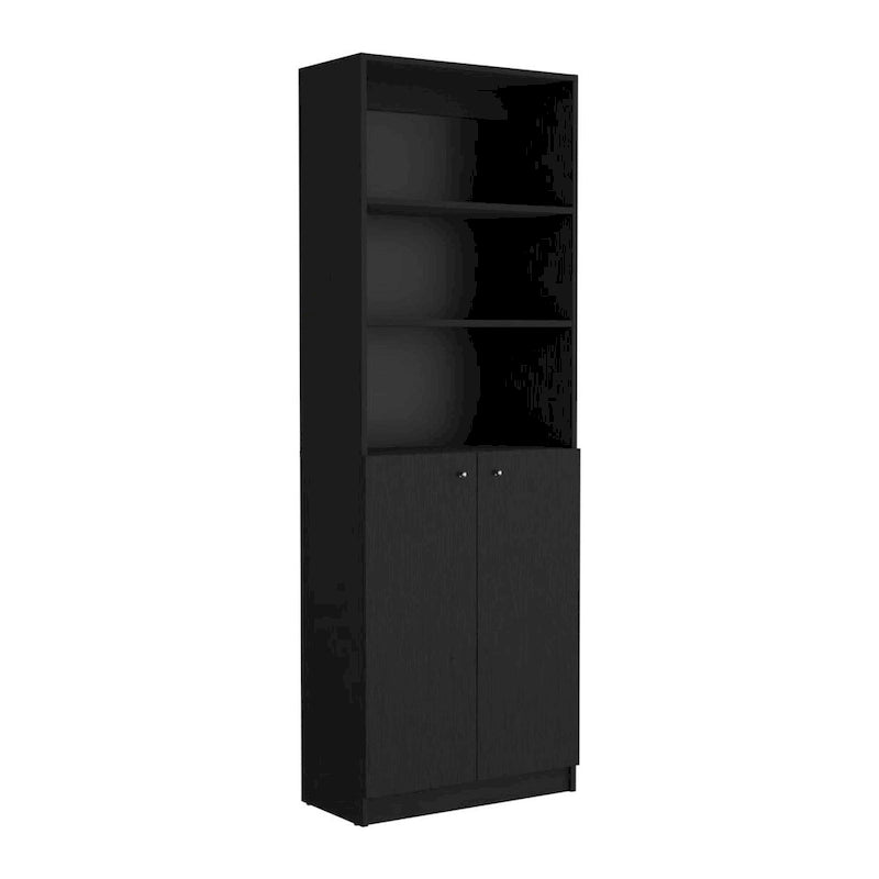 Bibliothèque haute noire avec meuble bas à 2 portes et étagères ouvertes