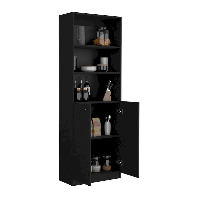 Bibliothèque haute noire avec meuble bas à 2 portes et étagères ouvertes